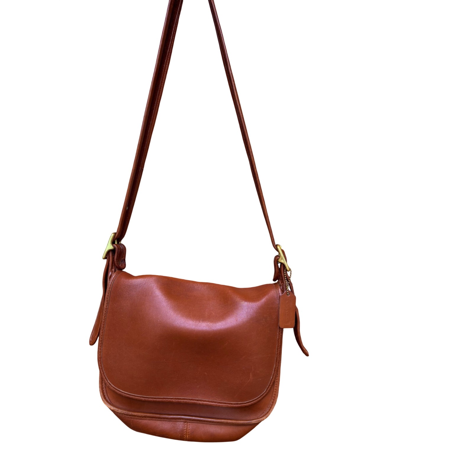 Vintage Coach Cognac Leather Flap Crossbody Bag Brass Hardware Saddle Bag